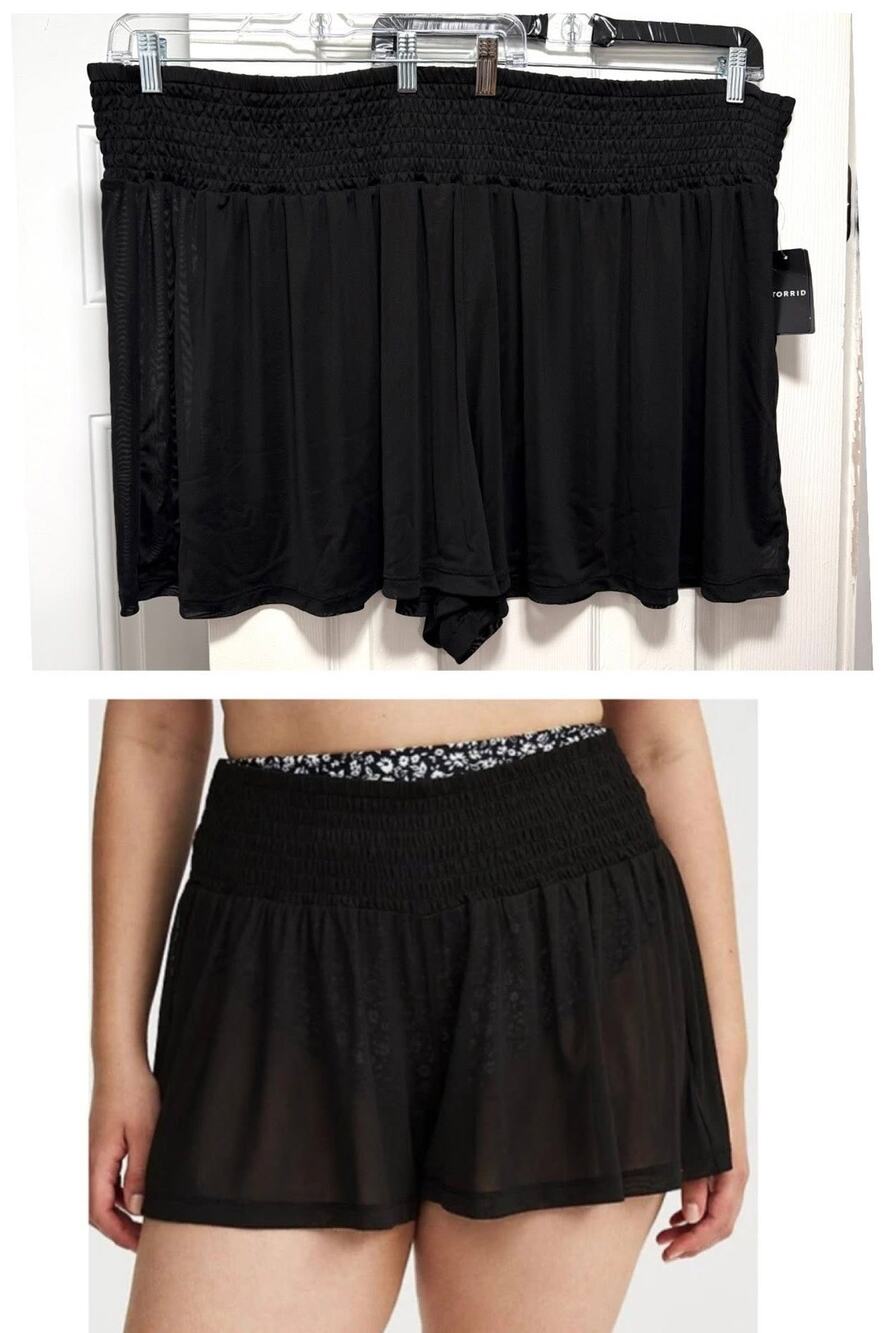 Torrid 6 (6X) Black Mesh Smocked Flowy Swimsuit‎ Swim Bottom Cover Up Shorts New